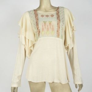 FREE PEOPLE LONG SLEEVE CREAM EMBROIDERED